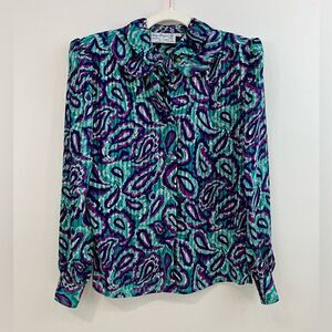 Vintage Bold Print Double Ruffle Collar Blouse Womens 6